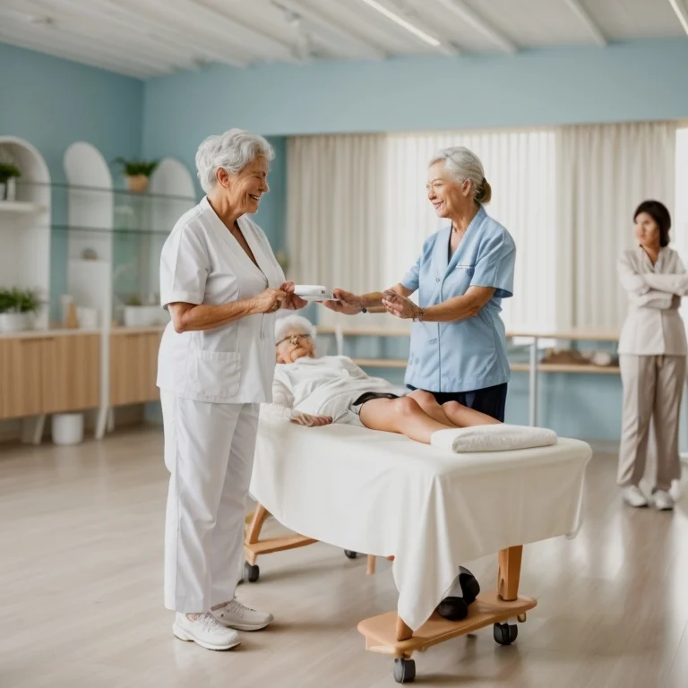 Physiotherapist aiding an elderly patient with mobility exercises